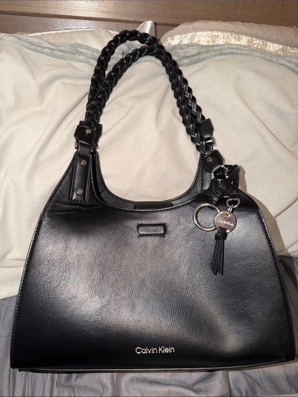 Calvin Klein Black Leather Shoulder Bag with Braided Handles